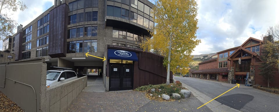 Christy Sports is right downstairs
JJ's Restaurant is just across the driveway 