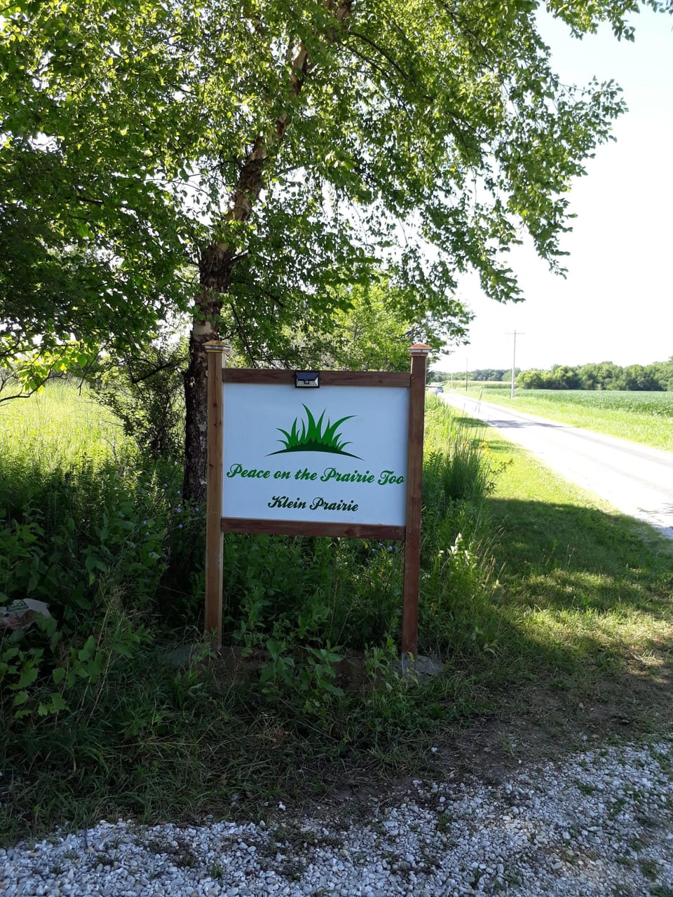 The entrance to the drive is marked to help guests find Peace on the Prairie Too