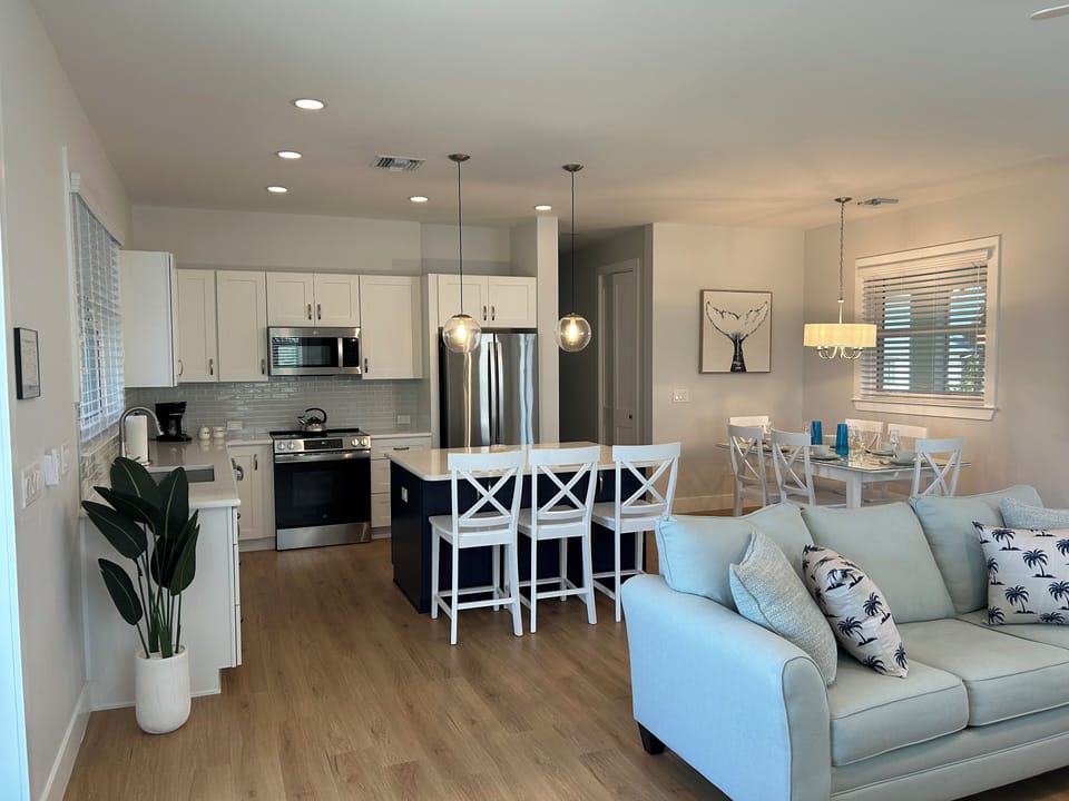 Great room, with living, dining rooms and kitchen.