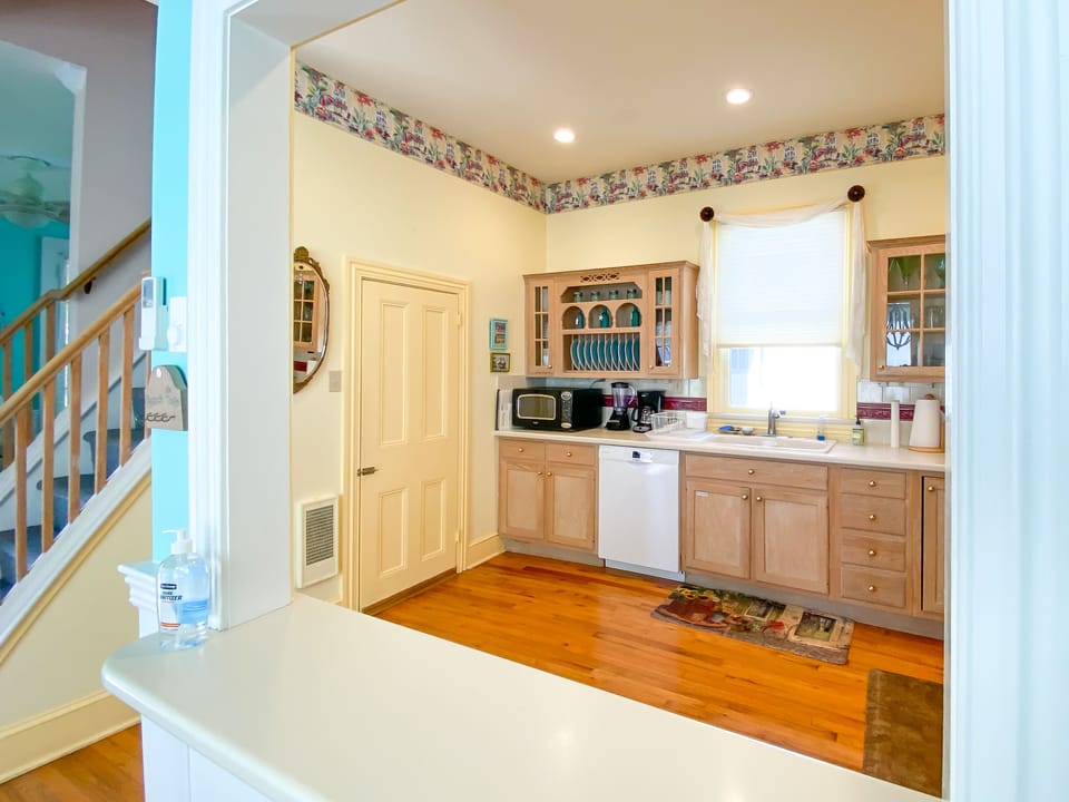 Kitchen as seen through the cut out window.