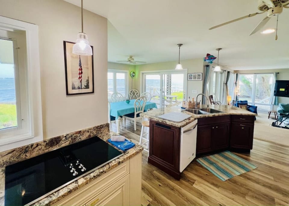 Newly remodeled kitchen with a water view.