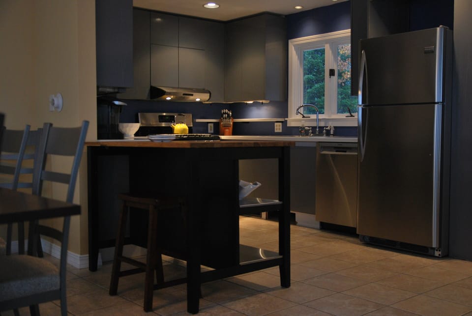 Well-stocked kitchen with stainless appliances, plenty of dishes, glasses, etc
