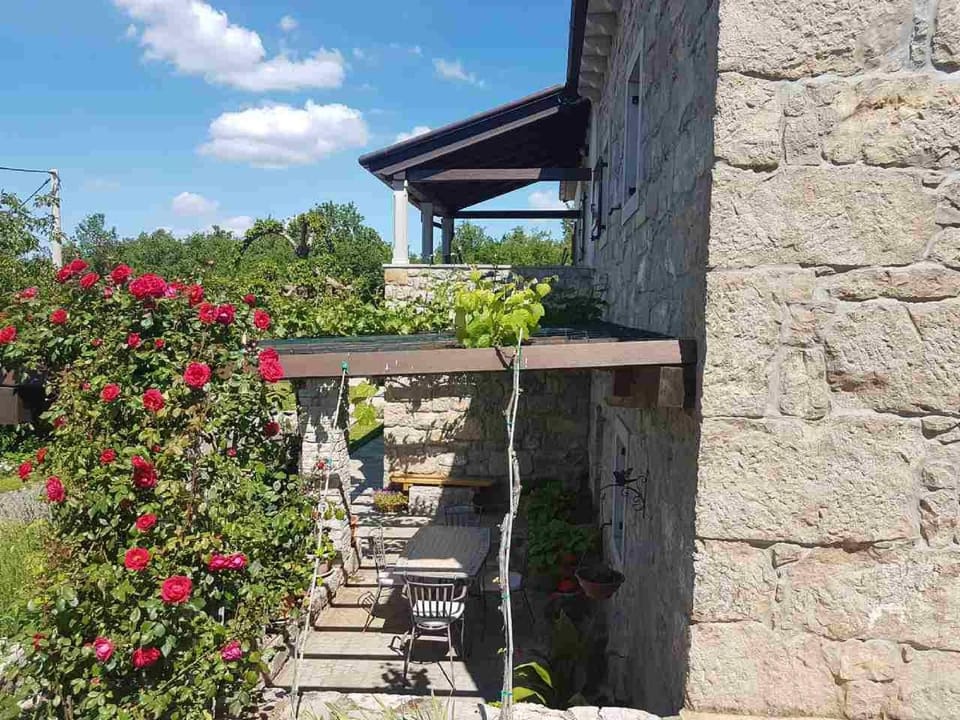 Table under pergola shadow
