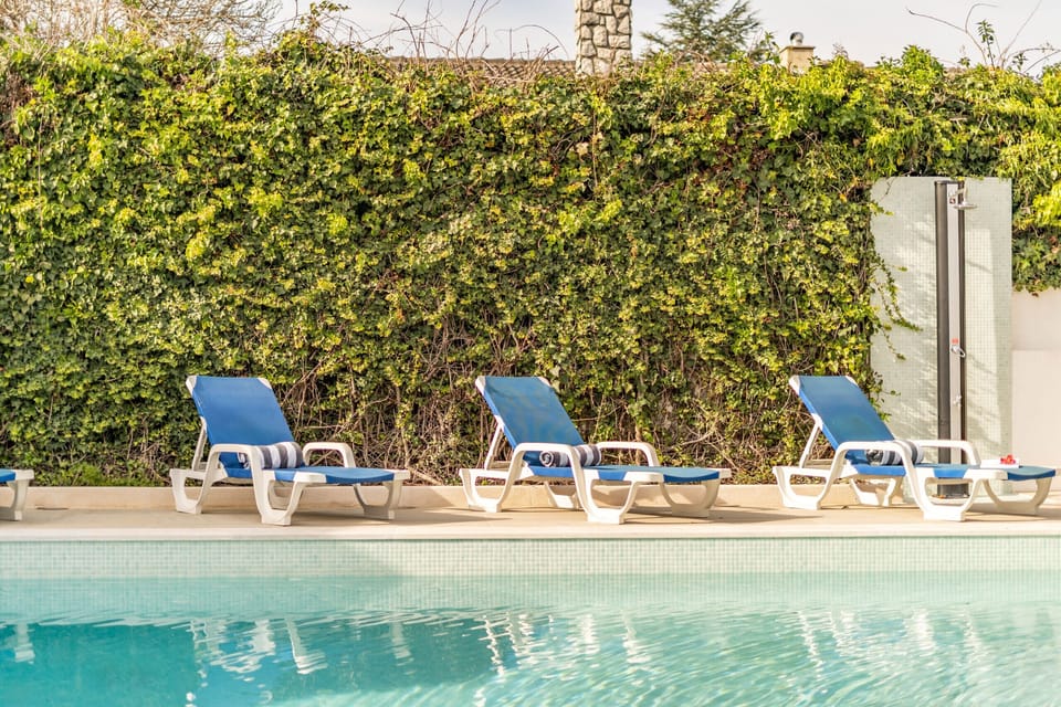 Private pool with sun loungers and ivy-covered wall — Villa Goreti, luxury holiday villa in Belverde
