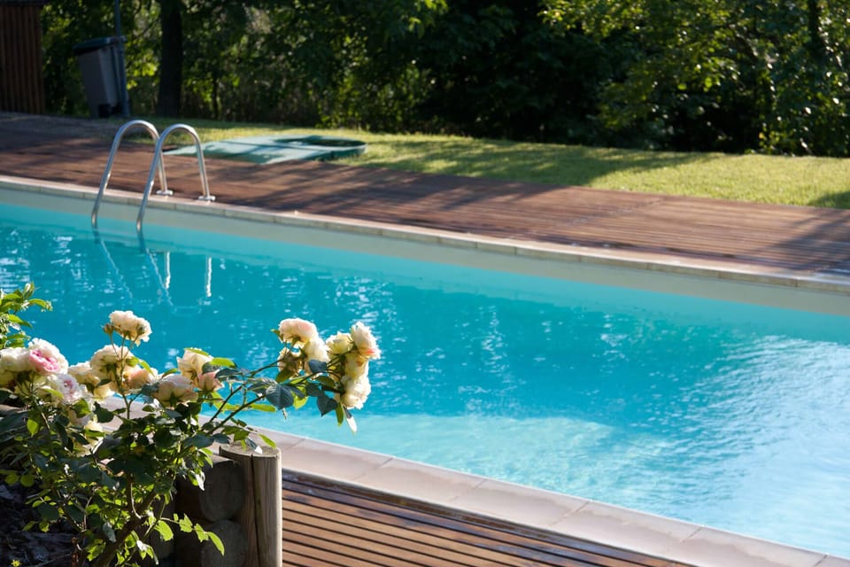 Details of private pool surrounded by greenery, flowers and teak wood area