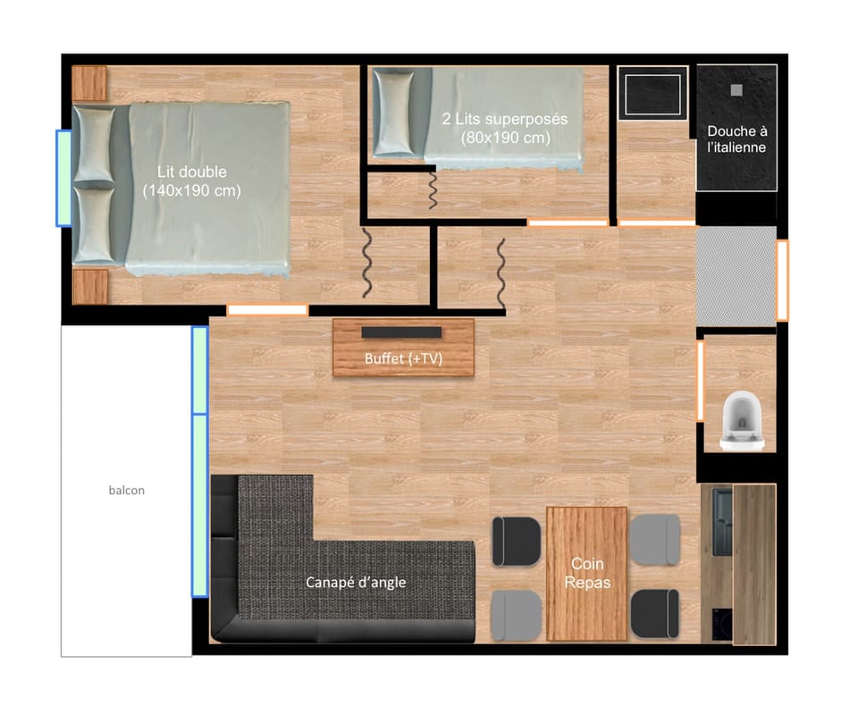 Map of the apt (renovation work in progress). Photos available in early Nov.
