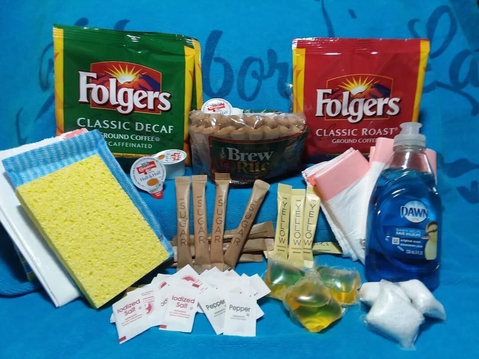 Coffee starter packs, filters, creamer & sugars, detergents, trash bags, etc.