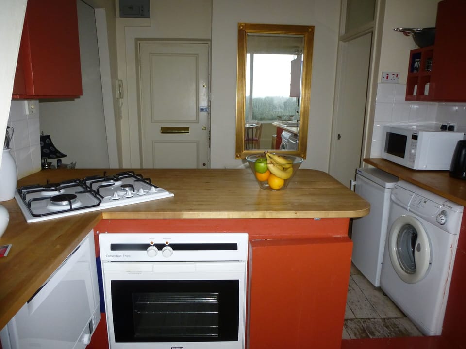 Entry door and kitchen area