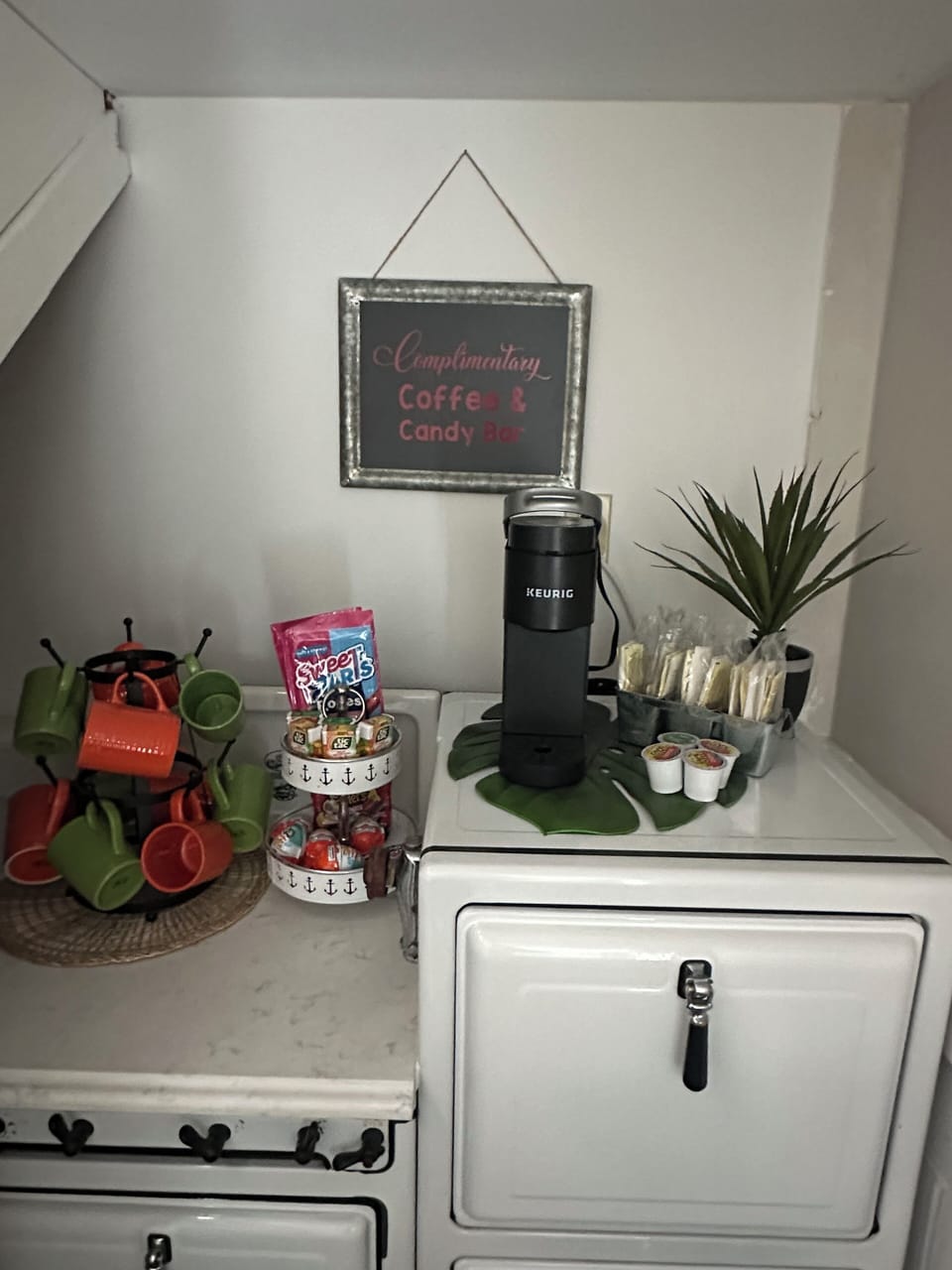 Downstairs, complementary coffee, and candy bar!
