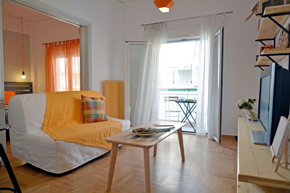 view of the living room with the sofa bed that can comfortably sleep 2 people