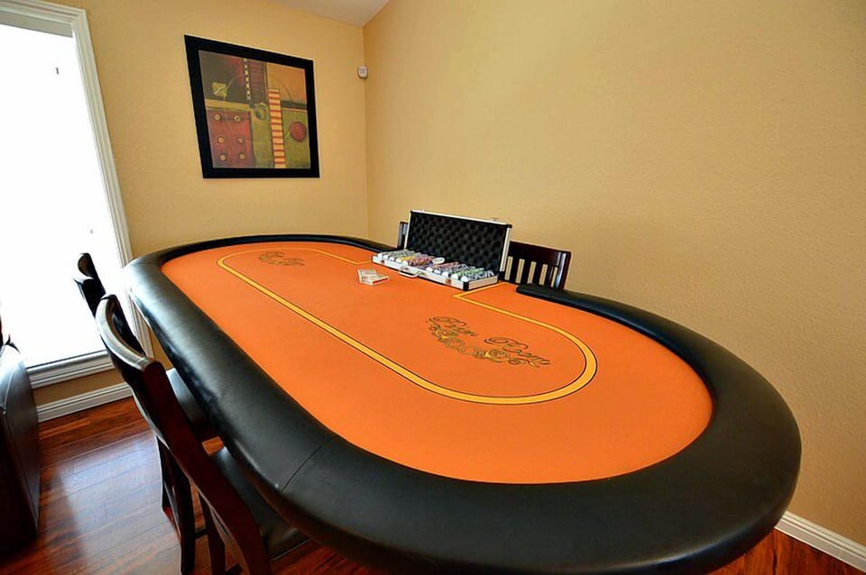 Poker table with professional poker chipset seating 8 players
