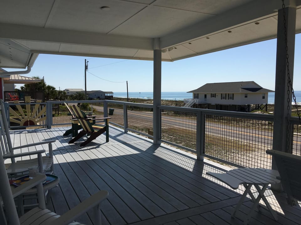 Large Front Deck with ocean views and sun dog-gate.