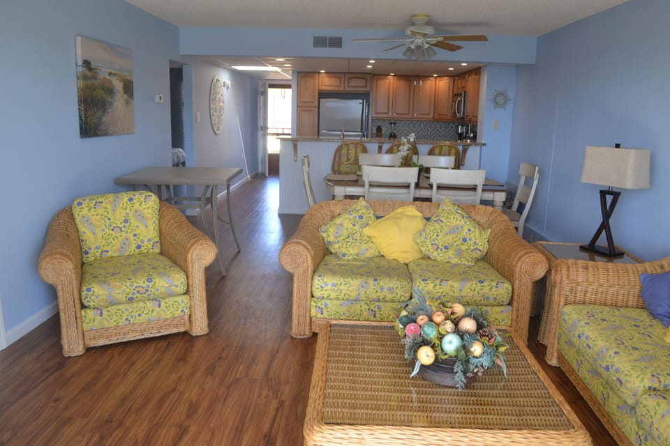 Living room looking into kitchen area