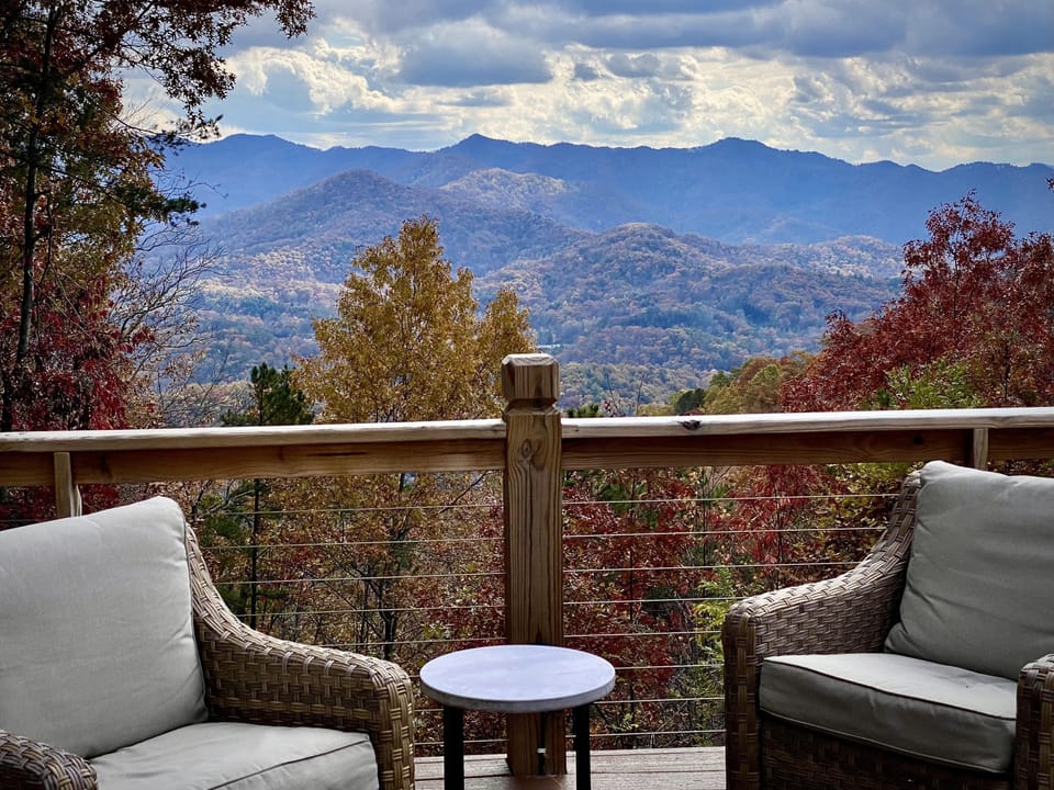 Cozy mountain-view deck perfect for morning coffee