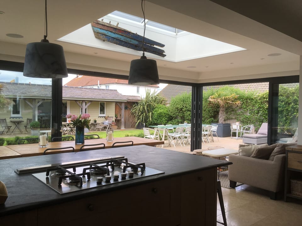 Kitchen, dining, seating and outside