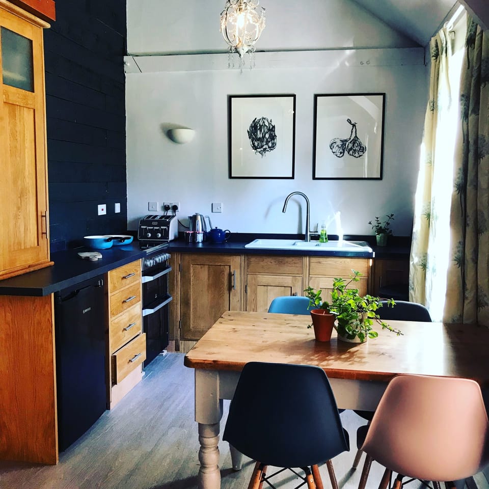 A fully equipped kitchen with a fridge, small freezer cooker & hob.
