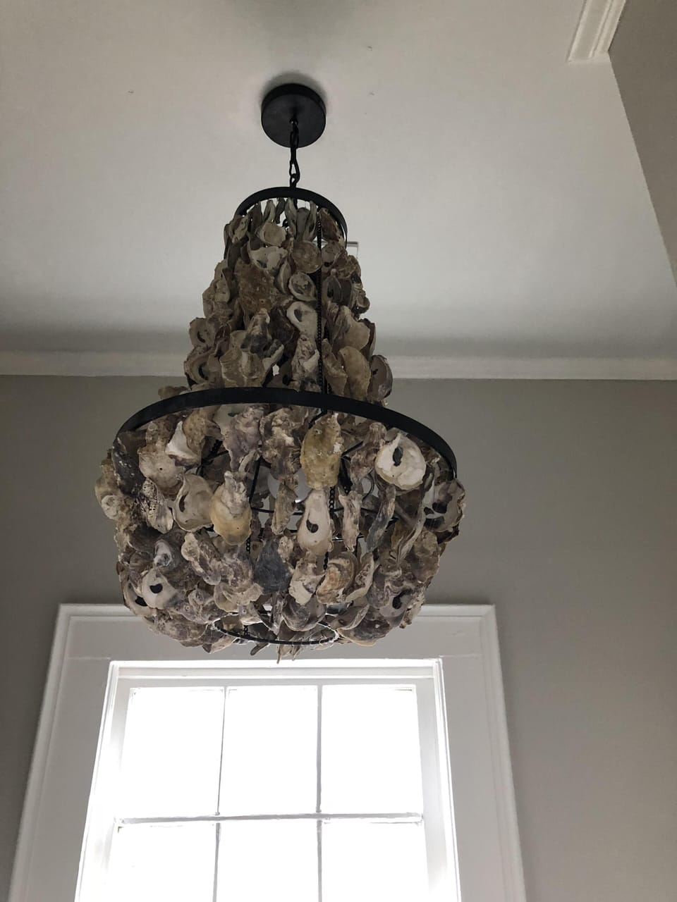 Oyster chandelier in hall bath