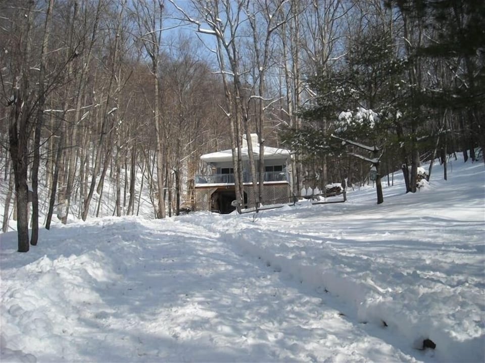 Front of house in winter, lots of snowy hills for sledding on our 6.5 acres.
