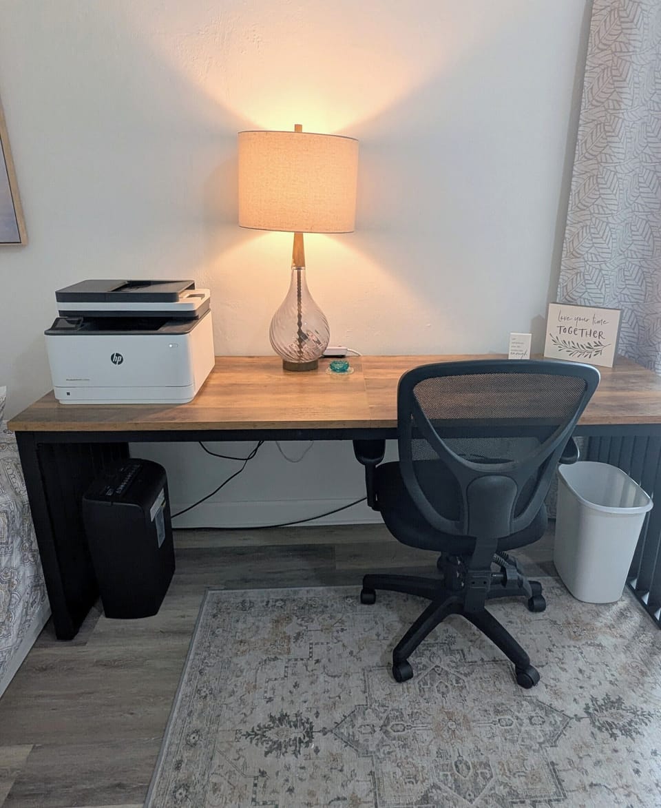 Large working Desk with Printer in Primary Bedroom