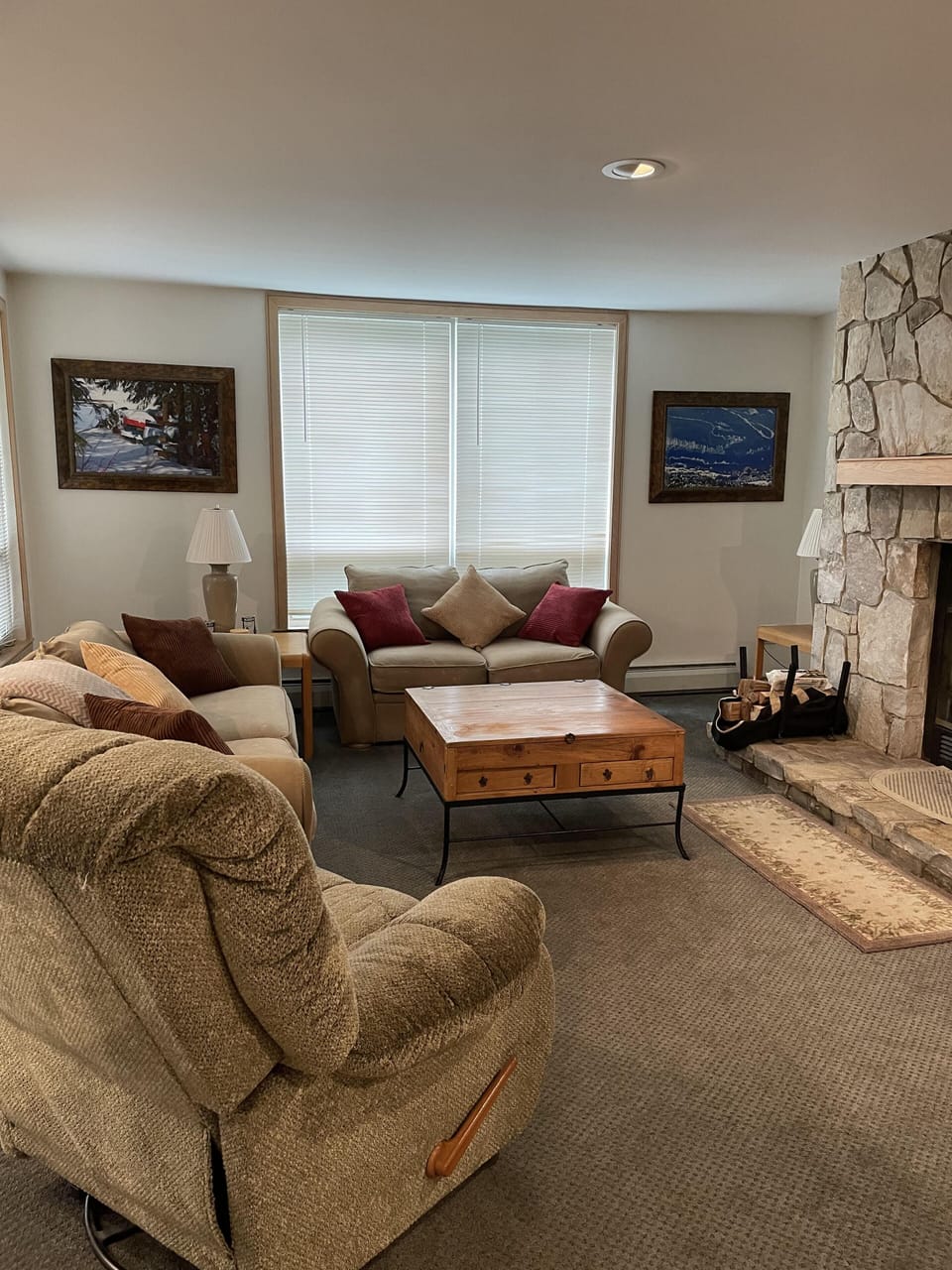 Great room with wood fireplace