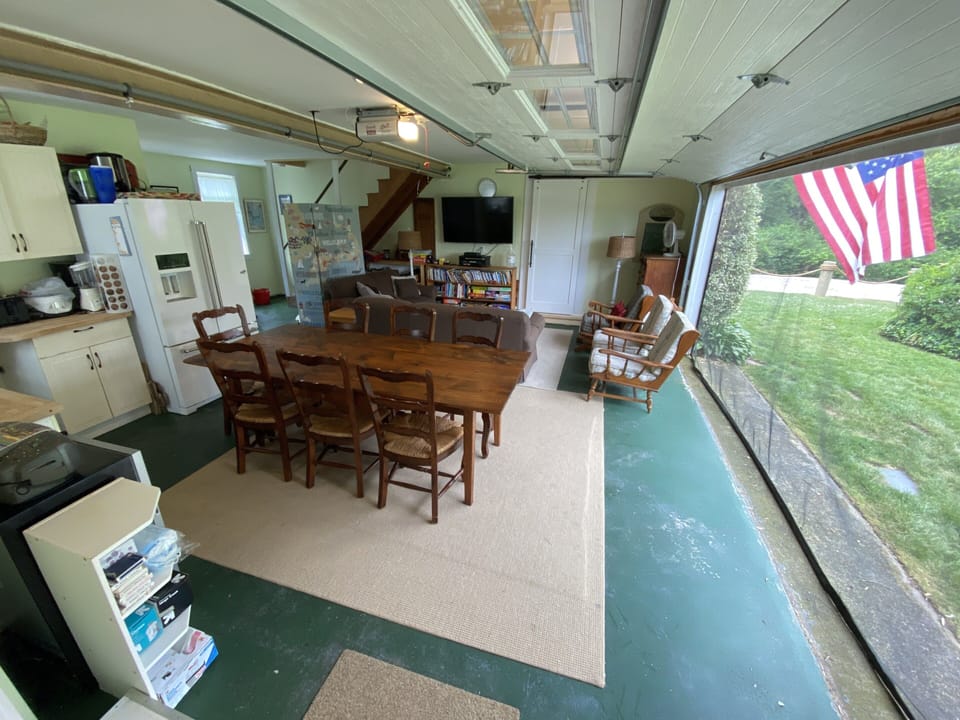Garage family room with a added kitchen area.