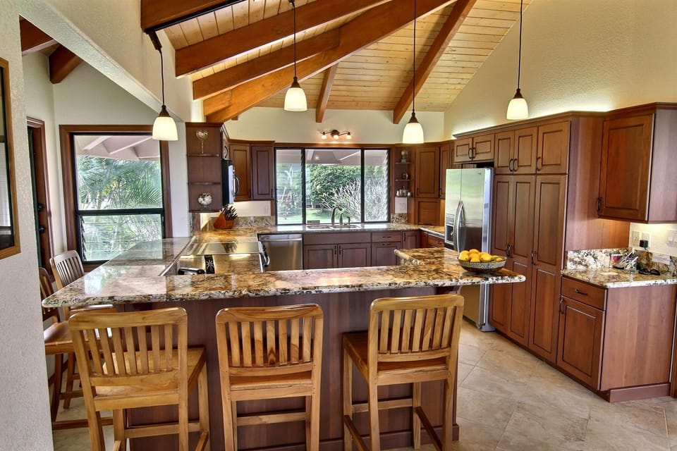 Gourmet kitchen from dining room view.