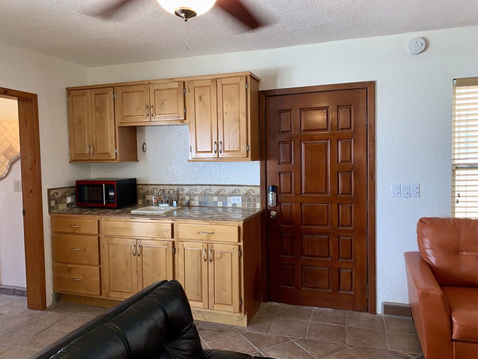 Casita Uno Kitchenette. There is also a small refrigerator.  