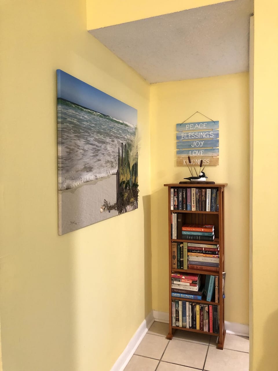 Original art and bookcase in short hall to Master Bath & Master Bedroom.
