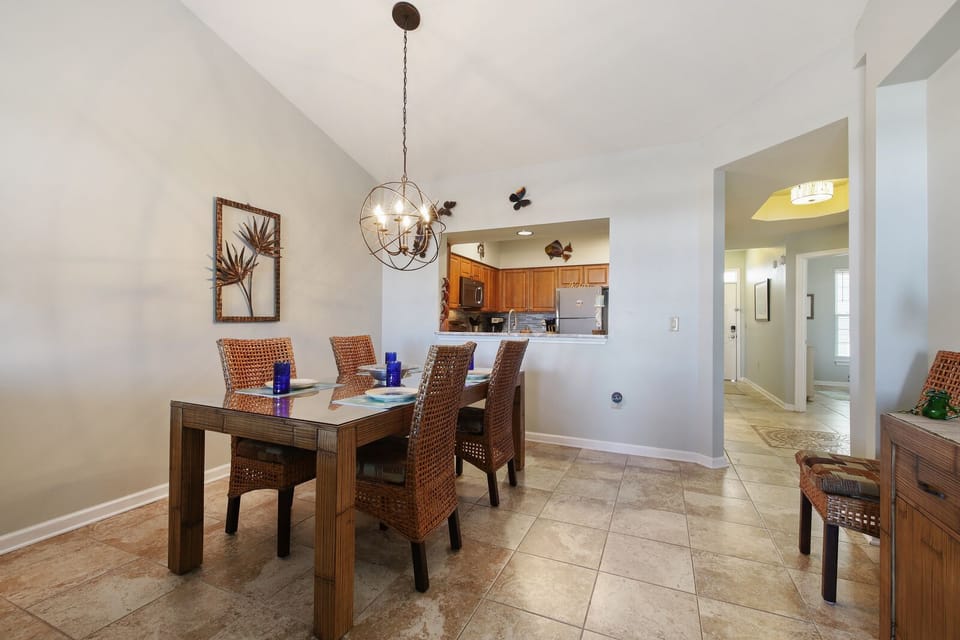 Kitchen opens to dining area