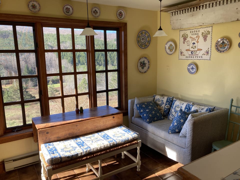 Lounge in this comfy nook in our kitchen, adorned with a bit of family history.
