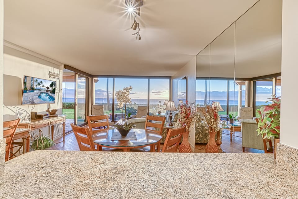 Kitchen looking to dining & living room and ocean - Cook with this view = love.
