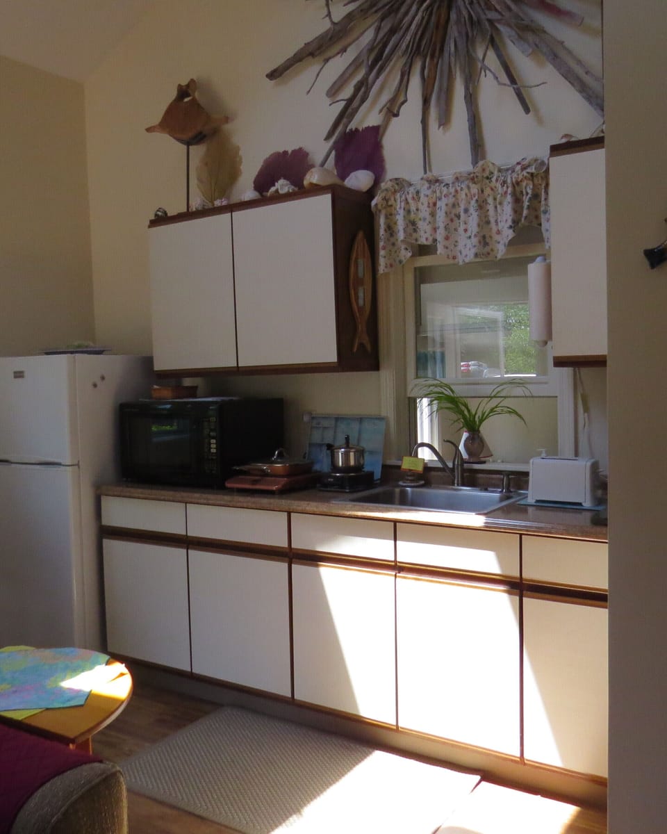 Kitchen with indoor window opens to Reading Room, pull the shade for privacy
