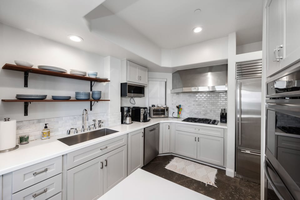 Large kitchen sink, stovetop, large fridge, dishwasher, and oven. 