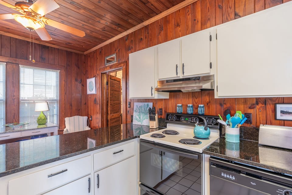 Wonderful vintage kitchen with modern accessories. We love the heart of pine walls and ceiling.