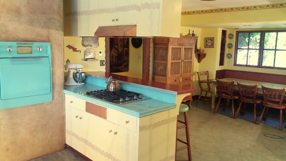 Gas stove top and electric oven and all the kitchen equipment a cook could want.
