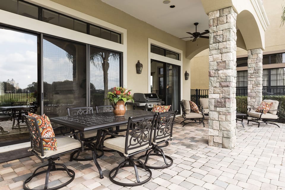 Pool, Patio, Lanai with Table, Seating and Large Weber BBQ Grill