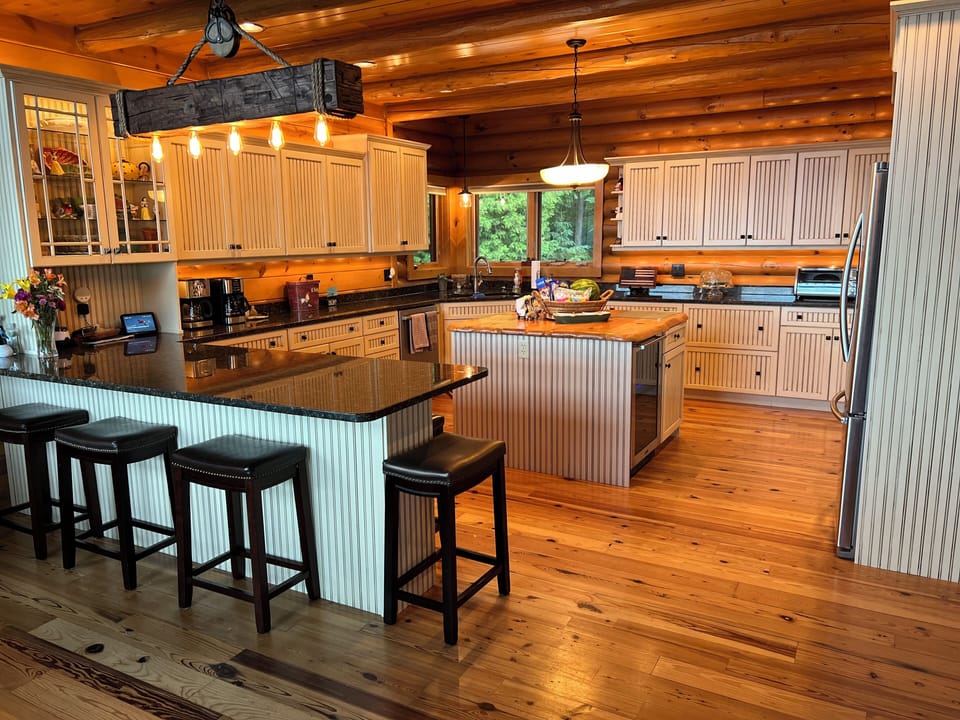 All 15 can comfortably visit & dine together in LOG HOME Kitchen and Dining Room