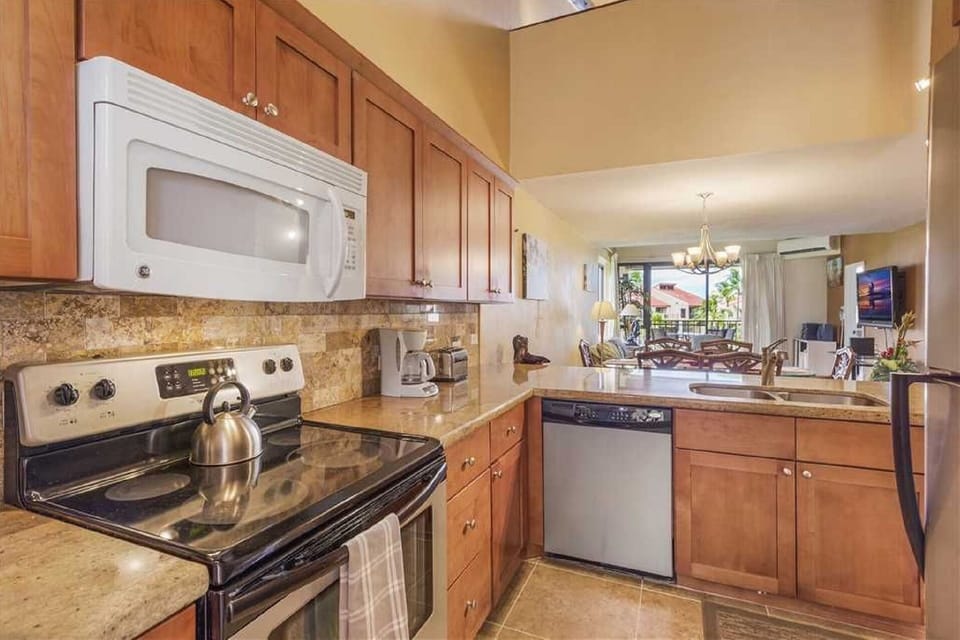 kitchen looks out to living room