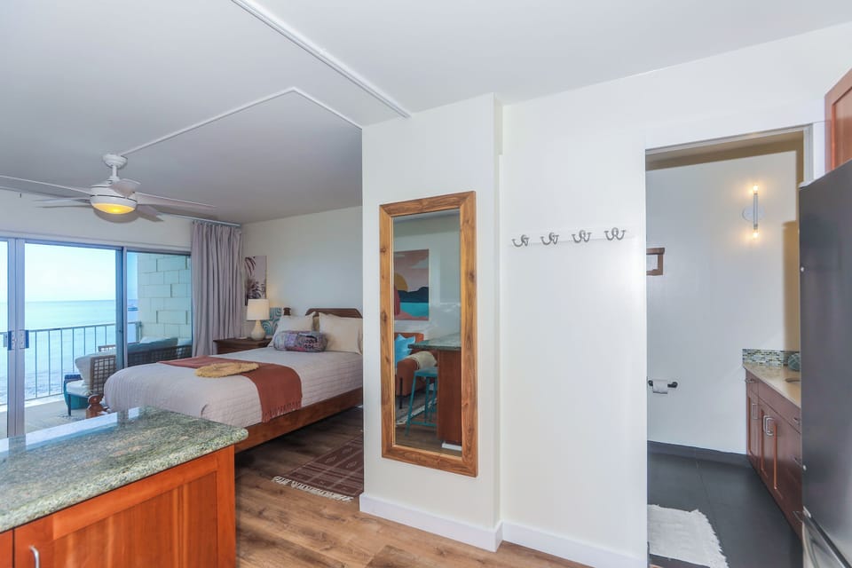 Pocket door leads to bathroom