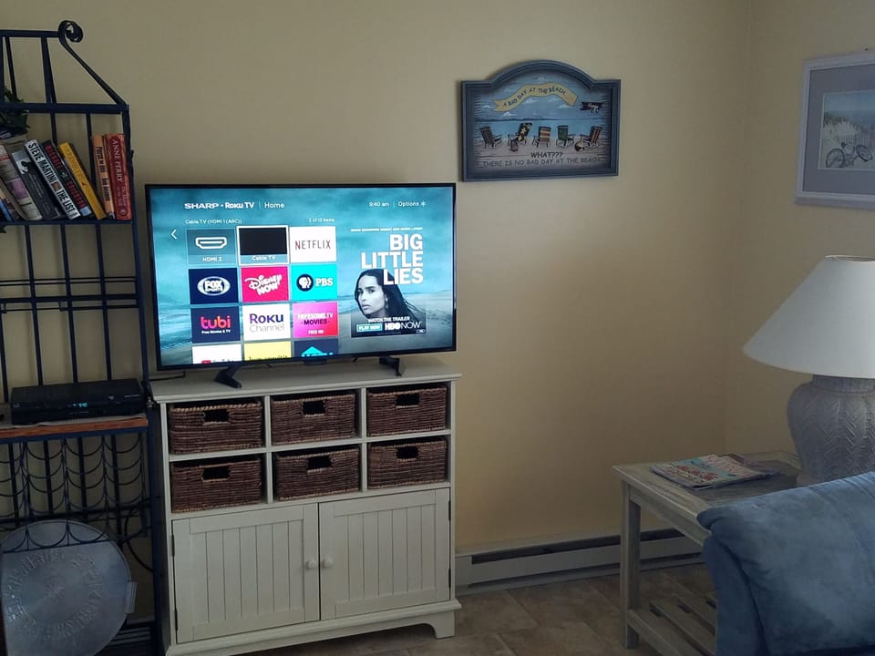Living room includes large flat screen smart tv.