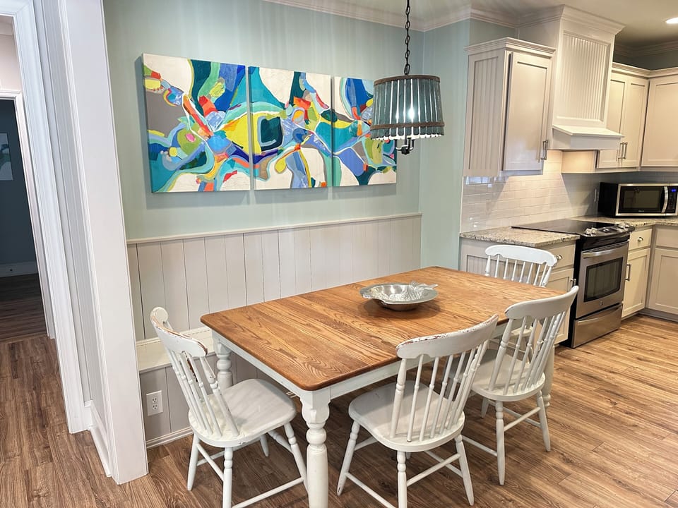 Dining table with custom banquette seating.  