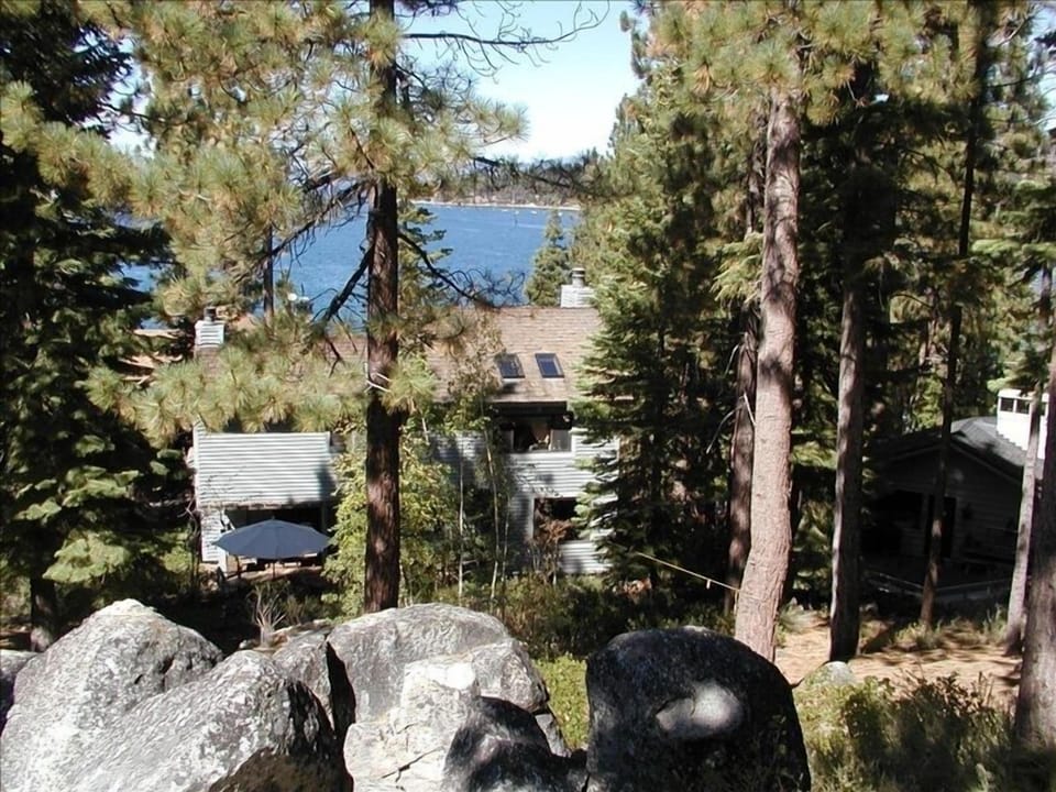 overall view of the home, backyard and lake