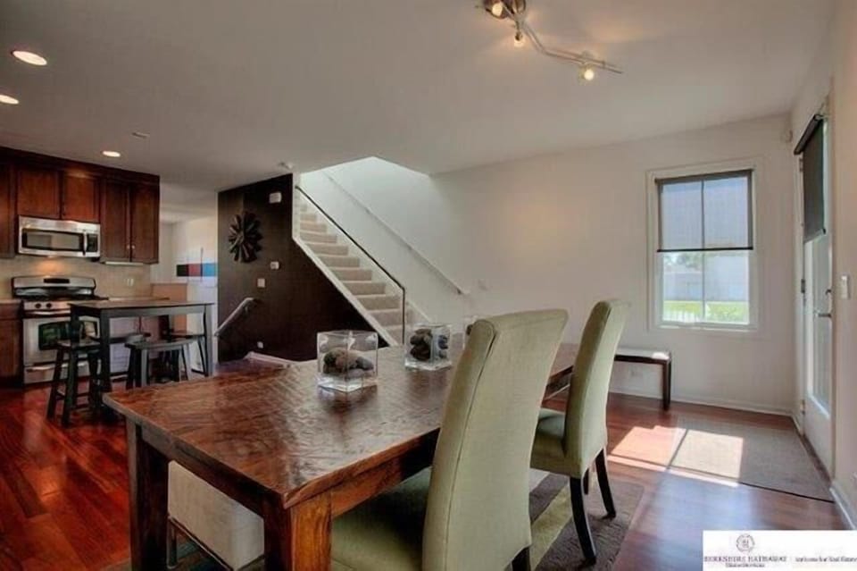 This is the view of the open kitchen from the dining area. 