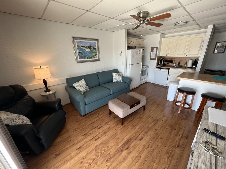 Kitchen and living area with recliner, queen sleeper sofa and tv.