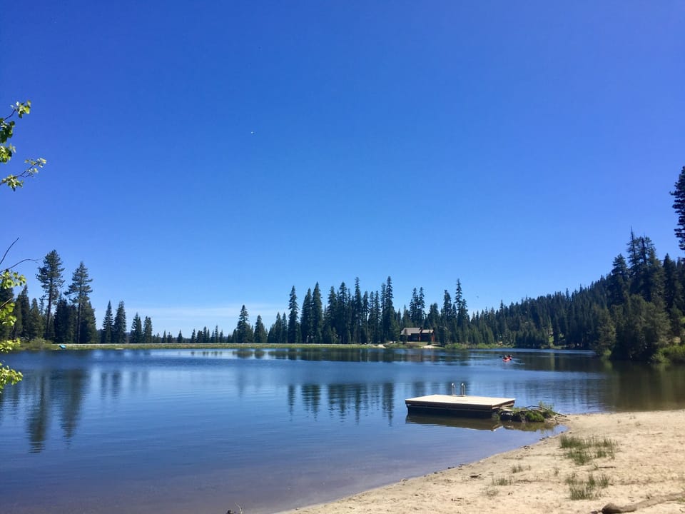 There's a swimming platform; down the path to the right, a fearsome rope swing