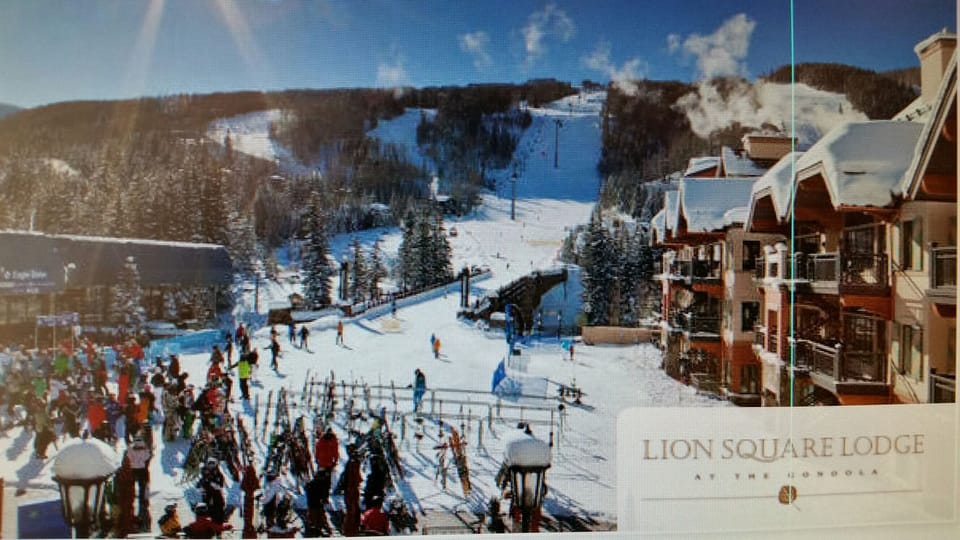 LionSquare, just left of the skier bridge and gondola, is literally ON the slope