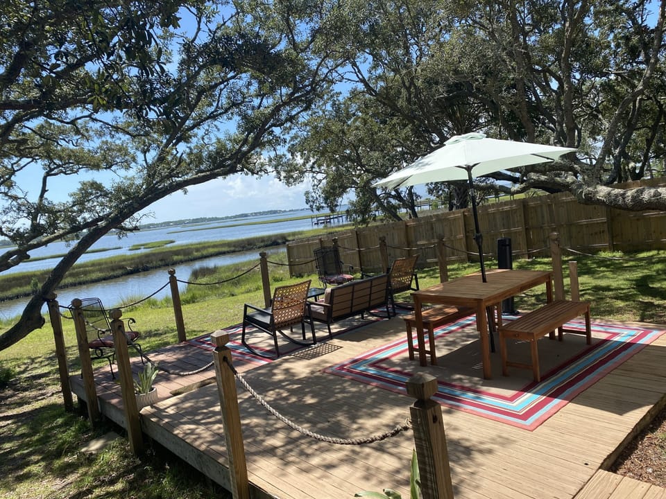 Back deck with view of Alligator Harbor Bay