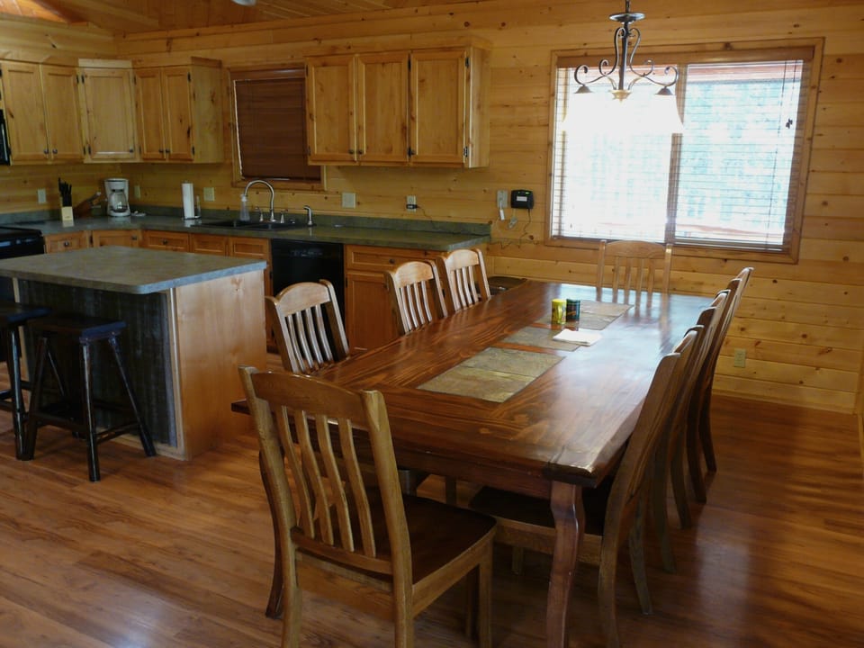 The dining table can seat up to 10 people.