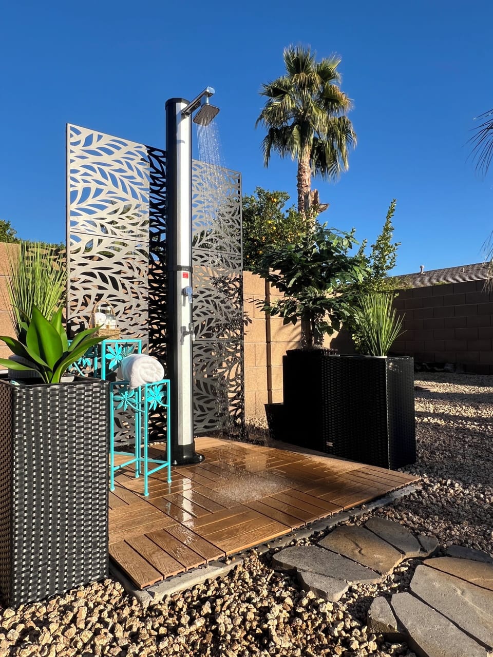 Shower outside in the warm sun!