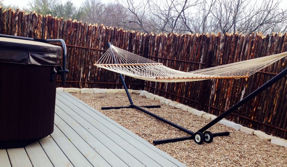 Salt system hot springs hot tub
After a relaxing soak enjoy our hammock for two